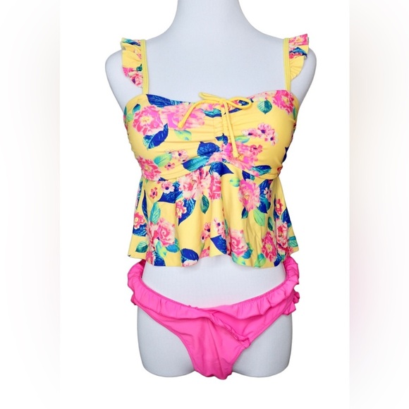 BOGOF Arizona Jean Yellow Pink Cropped Ruffle Tankini Floral 2pc Swimsuit LARGE - Picture 1 of 15